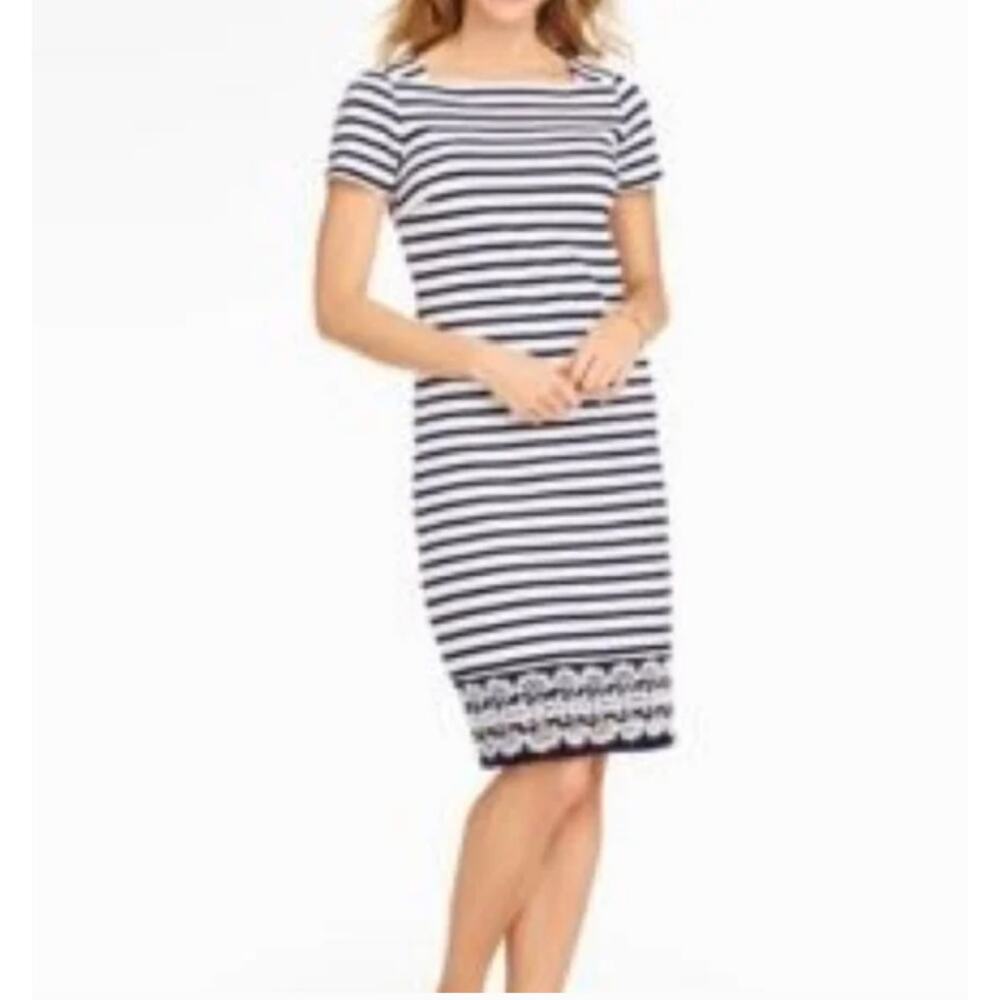 Talbots Lace Hem Dress Navy Blue White Nuatical Stripe Short Sleeve Sheath SP PS